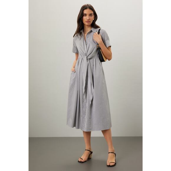 ADAM LIPPES x RTR Blue White Striped Front Button Collared Waist Tie Dress 8 - Picture 1 of 13